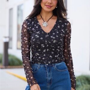 Pink Lily Black Floral Mesh V-Neck Top